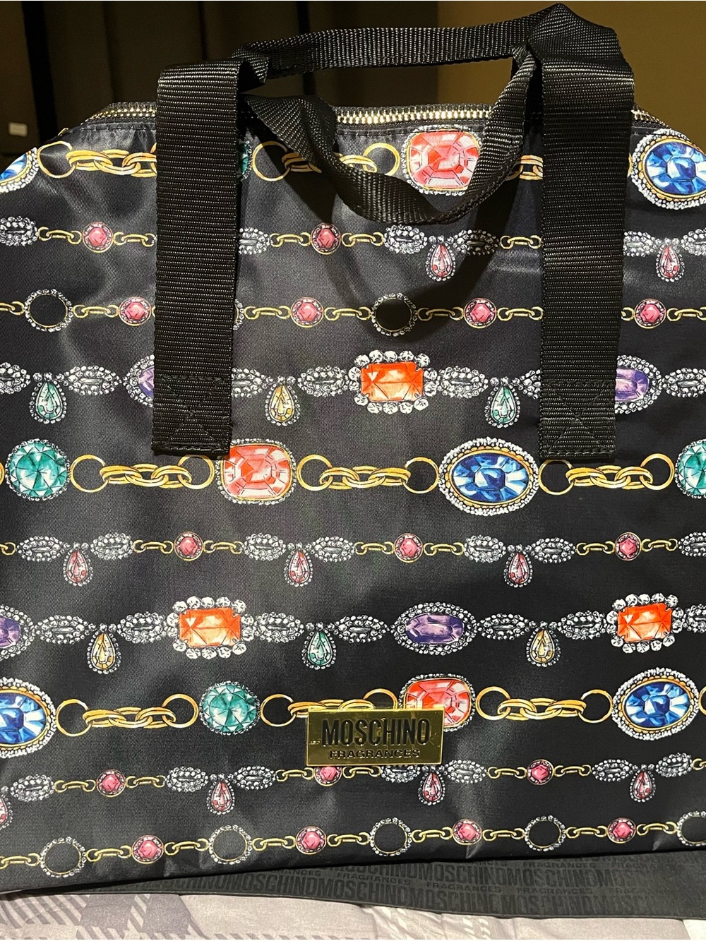 Moschino Black Tote with Multicolor Gem Chain Print and Gold Logo